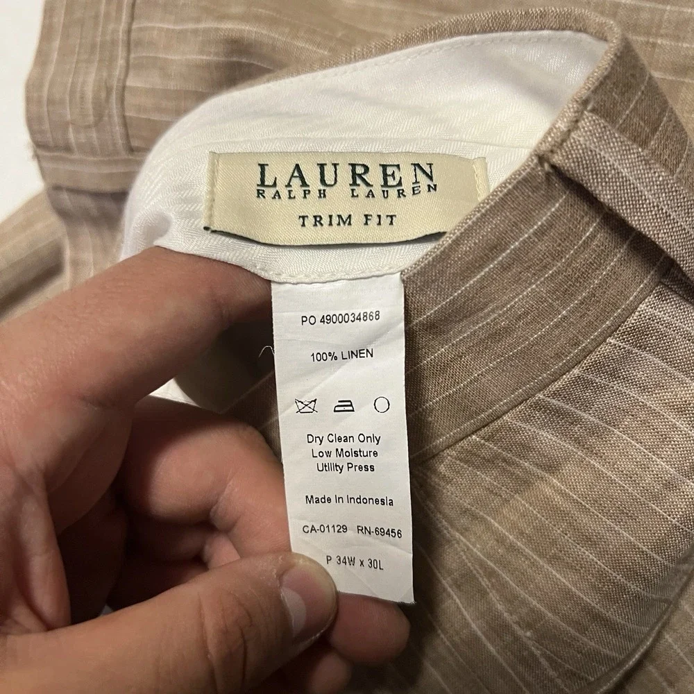 Lauren Ralph Lauren Dress Pants Men's Size 34x30 Beige Linen Flat Front Casual